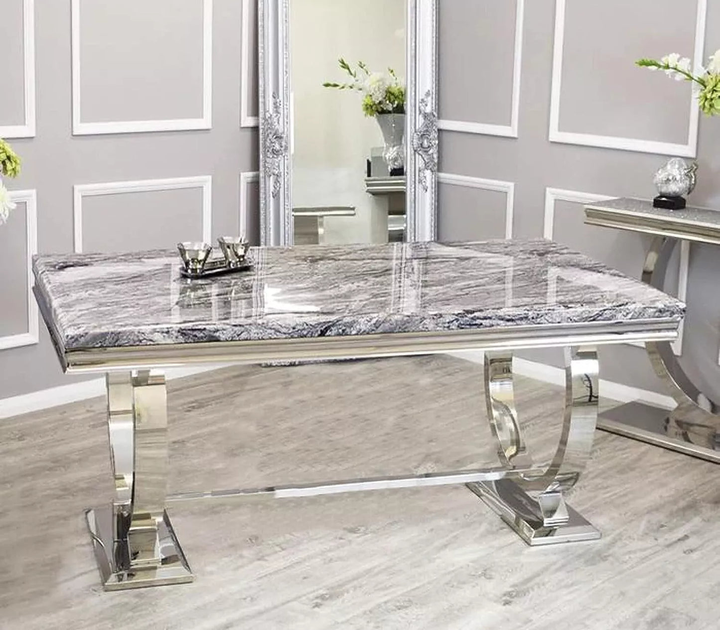 Marble Dining Table with 6 Charis Set Gloss Finish 1.8m Grey Mirrored Lion Head