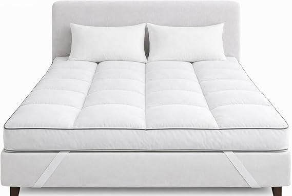 Quilted Mattress Topper 10 cm Thick – Microfibre Cover, Heavy Hollowfibre Fill with 10% Extra Padding, Box Stitched, Elasticated Corners, Grey Piping – King