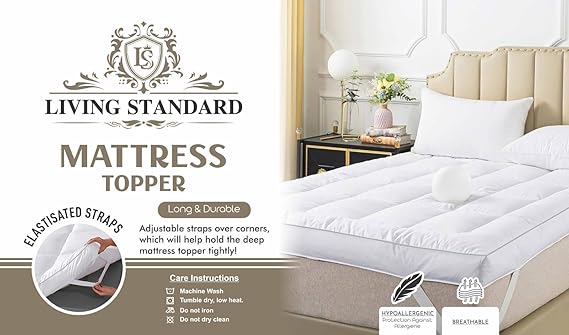 Quilted Mattress Topper 10 cm Thick – Microfibre Cover, Heavy Hollowfibre Fill with 10% Extra Padding, Box Stitched, Elasticated Corners, Grey Piping – King