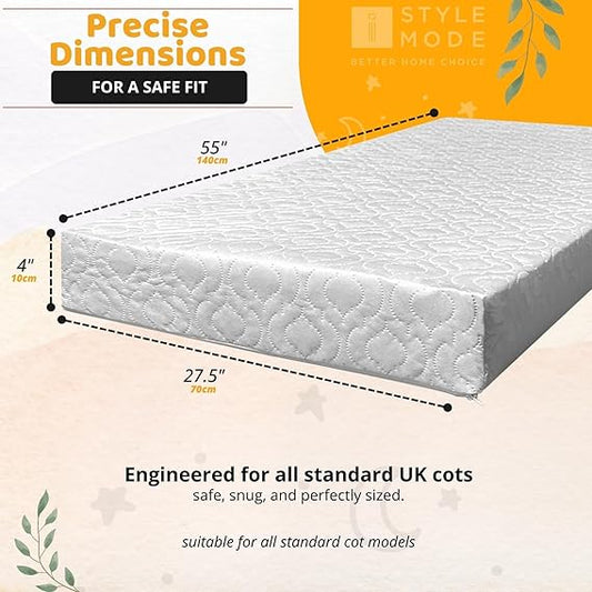 iSTYLE MODE BETTER HOME CHOICE Cot Bed Mattress Hypoallergenic Easy Clean Quilted Cover, Fully Breathable Foam Mattress, Reversible, Water Resistant, Baby Cot Matt ress,Supportive,White - 140x70x10cm