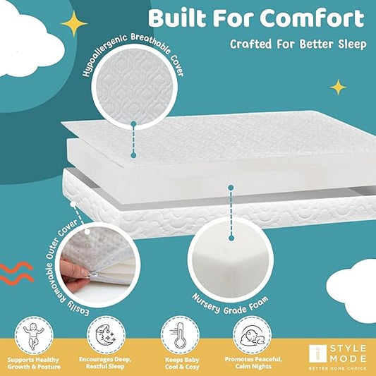 iSTYLE MODE BETTER HOME CHOICE Cot Bed Mattress Hypoallergenic Easy Clean Quilted Cover, Fully Breathable Foam Mattress, Reversible, Water Resistant, Baby Cot Matt ress,Supportive,White - 140x70x10cm