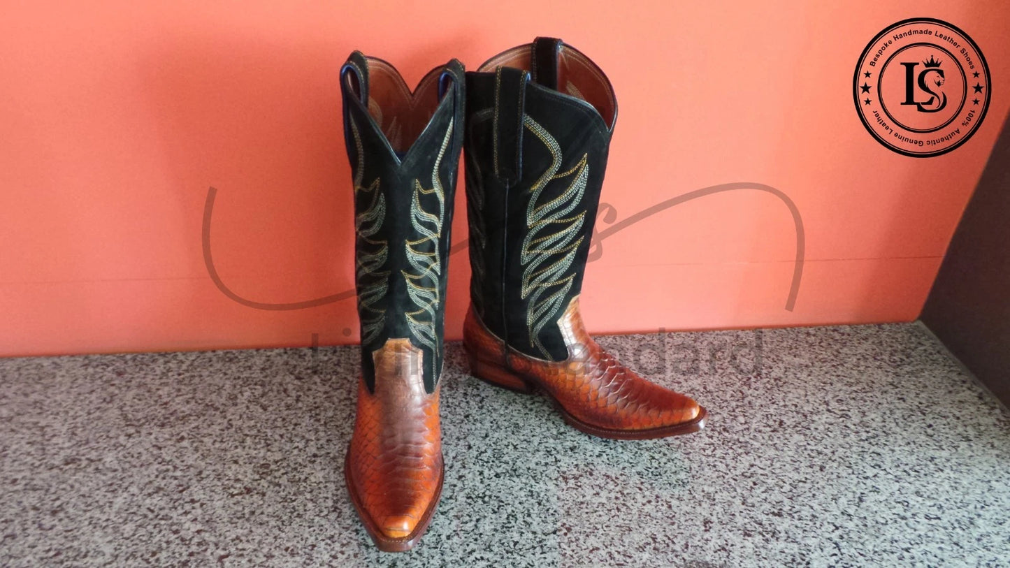 Men's Shoes Handmade Cowboy Snake Print Leather Western Ankle Men Dress Boots