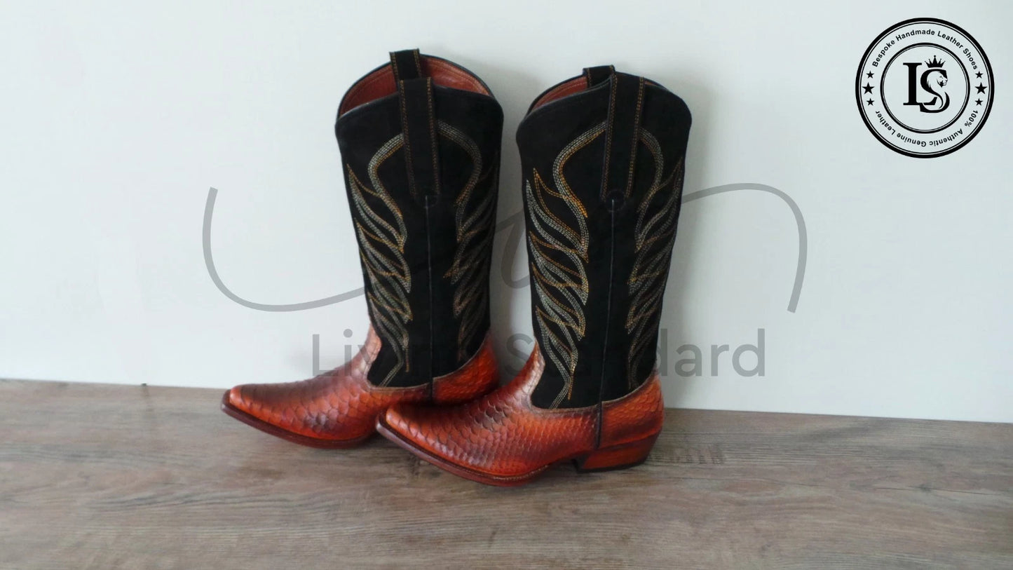 Men's Shoes Handmade Cowboy Snake Print Leather Western Ankle Men Dress Boots