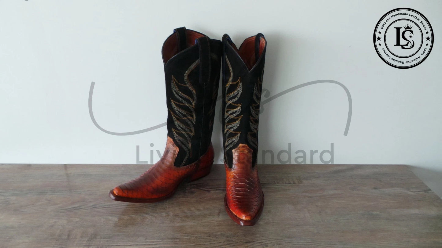 Men's Shoes Handmade Cowboy Snake Print Leather Western Ankle Men Dress Boots