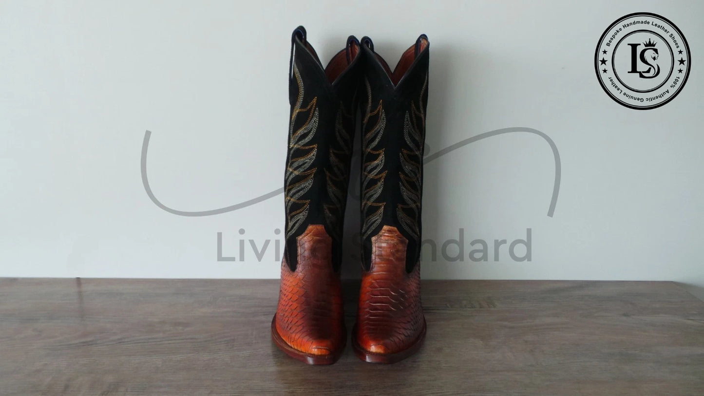 Men's Shoes Handmade Cowboy Snake Print Leather Western Ankle Men Dress Boots