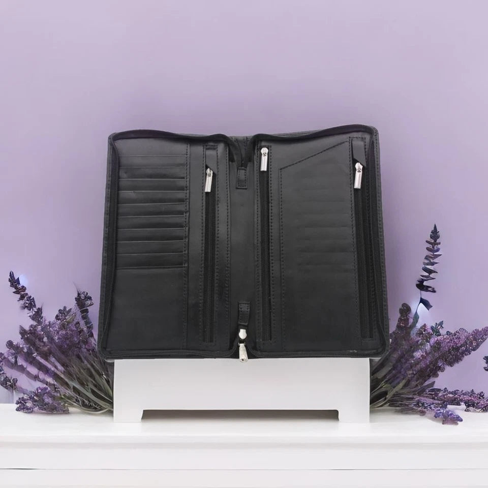 Leather Wallet Organiser with Concealed Strap - Travel Document Holder with Zips