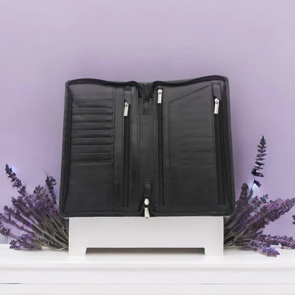 Leather Wallet Organiser with Concealed Strap - Travel Document Holder with Zips