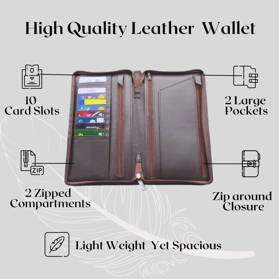 Leather Wallet Organiser with Concealed Strap - Travel Document Holder with Zips